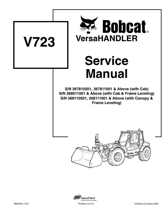 Service repair manual for Bobcat Versa Handler V723-2007, detailing maintenance and troubleshooting procedures