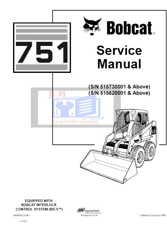 Service repair manual for Bobcat 751 Skid Steer, detailing maintenance and troubleshooting procedures