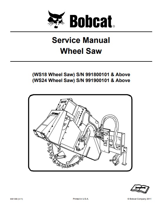Service repair manual for Bobcat WS18 and WS24 wheel saws, detailing maintenance and troubleshooting procedures