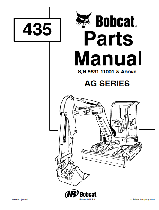 Parts manual for Bobcat 435 Mini Excavator, detailing components and assembly for maintenance and repair