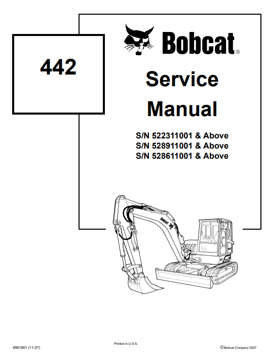 Service repair manual for Bobcat 442 Mini Excavator, detailing maintenance and troubleshooting procedures