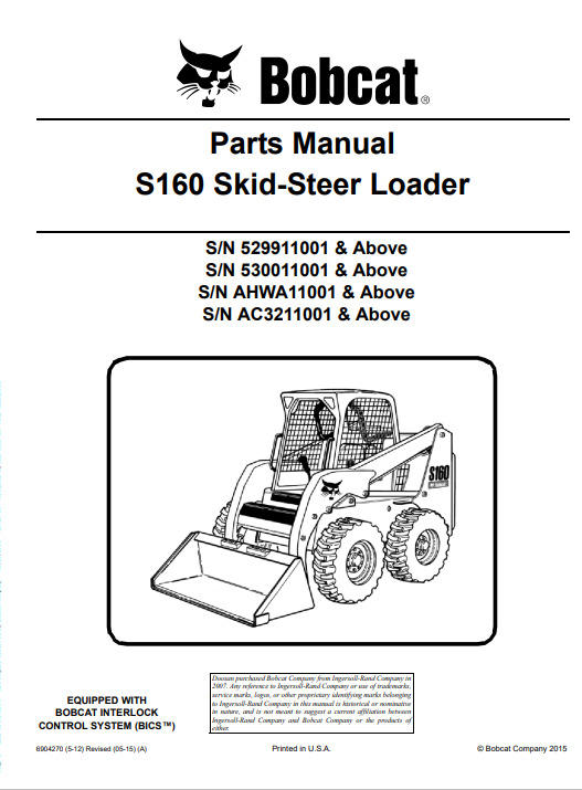 Parts manual for Bobcat S160 Skid Steer Loader, detailing components and assembly instructions for maintenance and repair