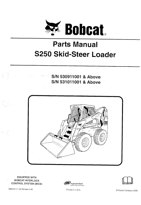 Parts manual for Bobcat S250 Skid Steer Loader, detailing components and assembly instructions for maintenance and repair