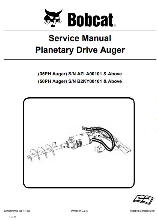 Service repair manual for Bobcat planetary drive augers, detailing maintenance and troubleshooting procedures