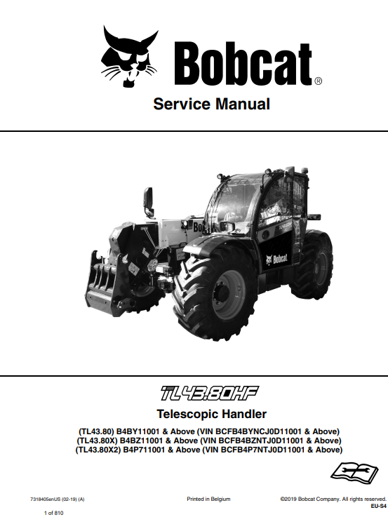 Service repair manual for Bobcat TL43.80, TL43.80X, and TL43.80X2 telescopic handlers, detailing maintenance procedures