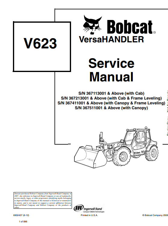 Bobcat V623 VersaHandler service manual, providing essential repair instructions and maintenance tips for optimal performance.