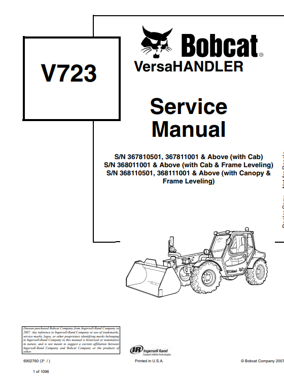 Service repair manual for Bobcat V723 VersaHandler, detailing maintenance and repair procedures for optimal performance