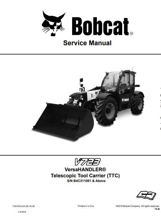 Detailed service repair manual for Bobcat V723 VersaHandler, including troubleshooting and maintenance procedures.