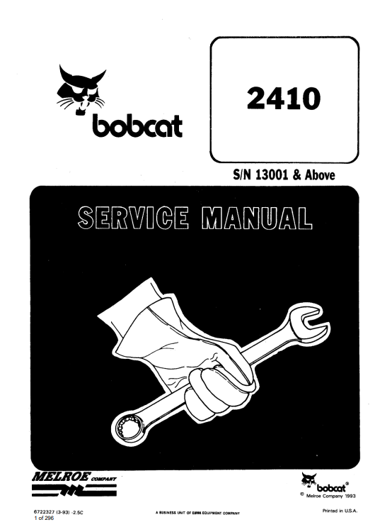Service repair manual for Bobcat 2410 Loader, detailing maintenance and troubleshooting procedures.