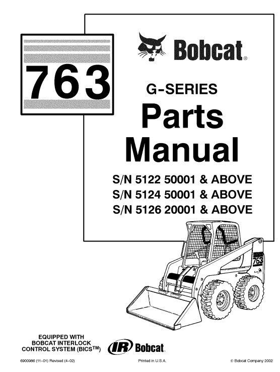 Parts manual for Bobcat 763 G-Series SkidSteer Loader, detailing components and assembly instructions.