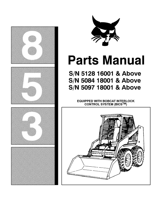 Comprehensive parts manual for Bobcat 853 Skidsteer, providing essential information for repairs and maintenance.
