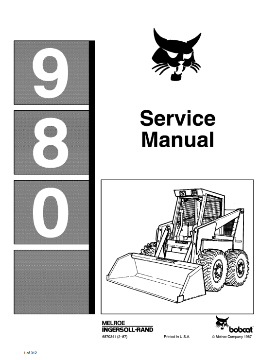 Service repair manual for Bobcat 980 SkidSteer Loader, detailing maintenance and troubleshooting procedures.