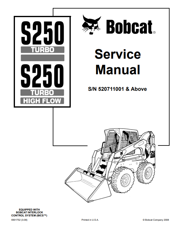 Comprehensive service manual for Bobcat S250 Turbo SkidSteer Loader, covering repair and maintenance guidelines.