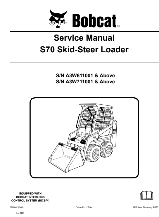 Bobcat S70 SkidSteer Loader parts manual, providing detailed information for proper maintenance and component identification.
