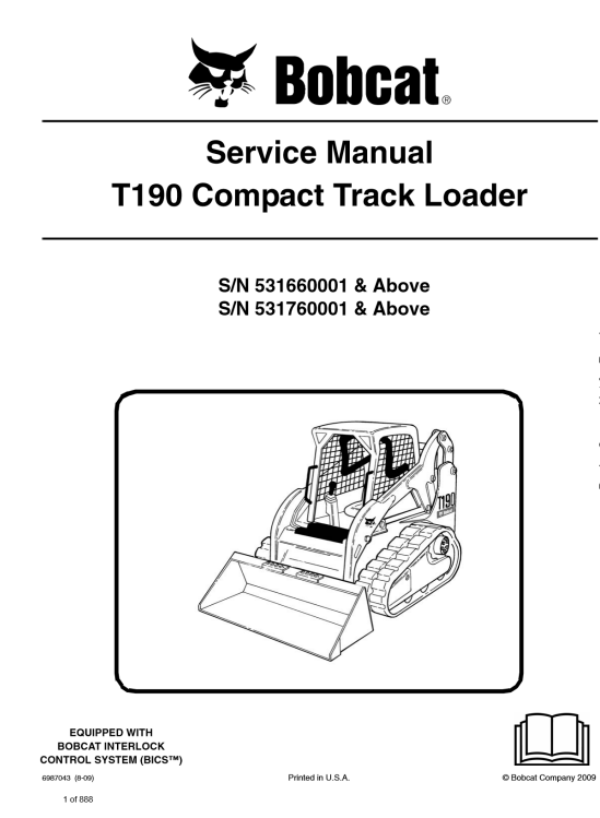 Service repair manual for Bobcat T190 Turbo Compact Track Loader, detailing maintenance and troubleshooting procedures.