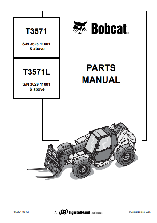 Detailed parts manual for Bobcat T3571 and T3571L telehandlers, featuring parts lists and maintenance guidelines.