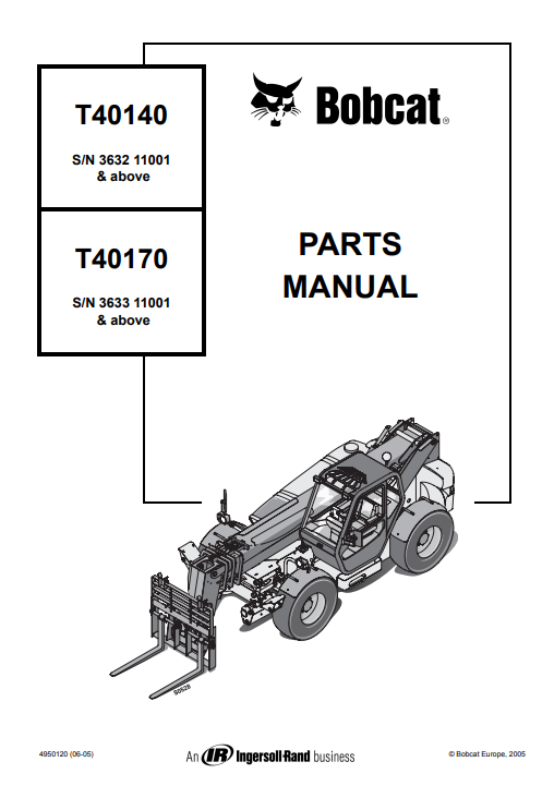 Comprehensive parts manual for Bobcat T40140 and T40170 telehandlers, including diagrams and specifications.