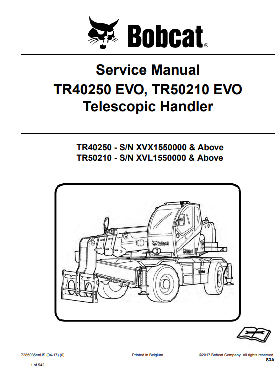 Service repair manual for Bobcat TR40250 EVO and TR50210 EVO telescopic handlers, detailing maintenance and repair procedures.