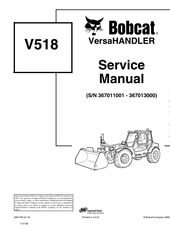Detailed service repair manual for the Bobcat V518 VersaHandler, focusing on maintenance and troubleshooting techniques.