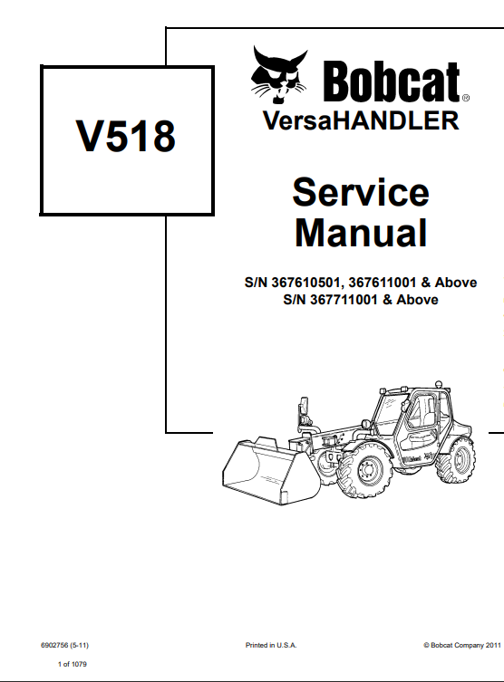 Service repair manual for Bobcat V518 VersaHandler, detailing maintenance and repair procedures for optimal performance.