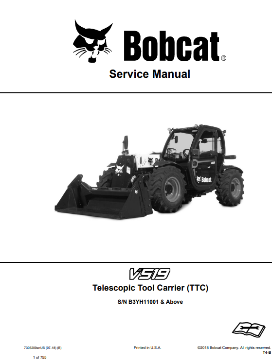 Service repair manual for Bobcat V519 telescopic tool carrier, detailing maintenance and troubleshooting procedures.