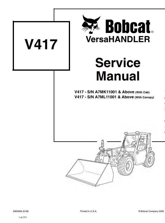 Comprehensive service repair manual for the Bobcat 417 VersaHandler, covering essential maintenance guidelines.