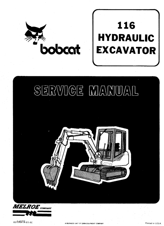 Service repair manual for Bobcat 116 Excavator, detailing maintenance and troubleshooting procedures