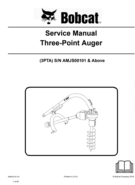 Repair manual for Bobcat Three Point Auger Service, detailing maintenance and troubleshooting procedures