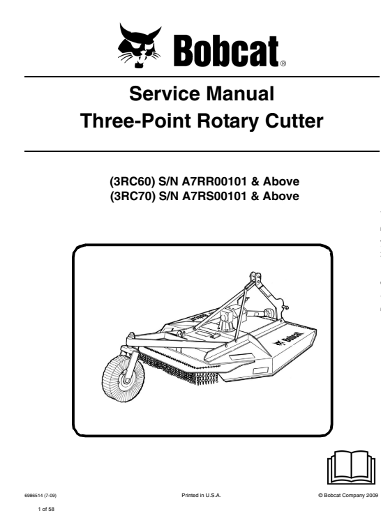 Service repair manual for Bobcat Three Point Rotary Cutter, detailing maintenance and troubleshooting procedures