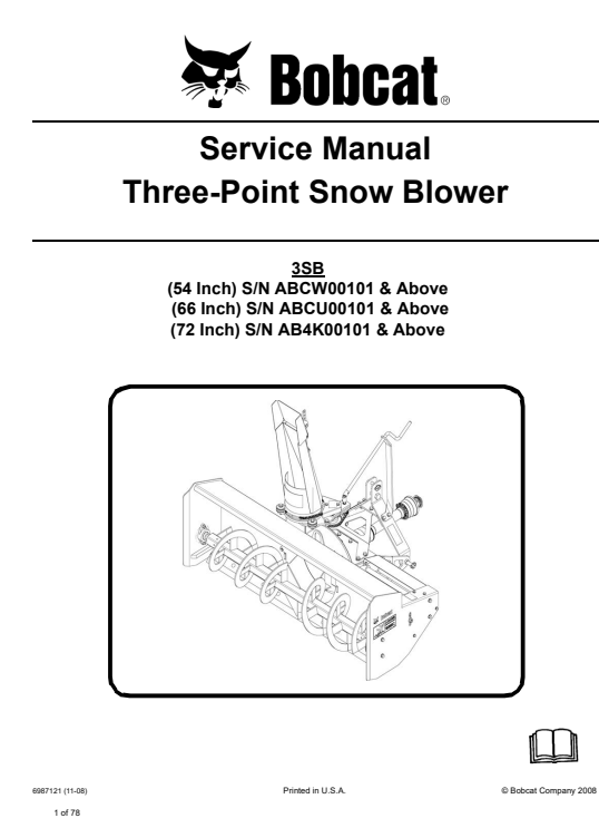 Comprehensive repair manual for Bobcat three-point snow blower, covering service guidelines and maintenance tips