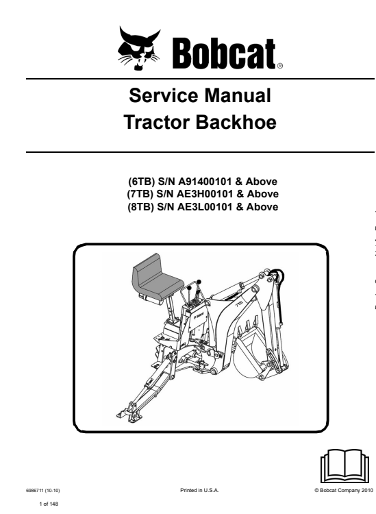 Detailed service repair manual for Bobcat tractor backhoe, covering maintenance, troubleshooting, and repair instructions