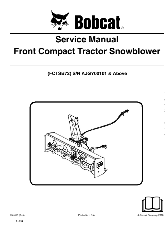 Bobcat Front Compact Tractor Snowblower service manual, providing essential repair and maintenance instructions.