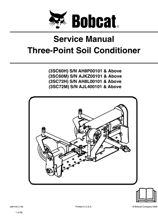 Service repair manual for Bobcat Three Point Soil Conditioner, detailing maintenance and troubleshooting procedures