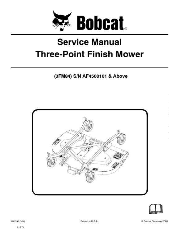 Service repair manual for Bobcat 3FM84 Three Point Finish Mower, detailing maintenance and troubleshooting procedures