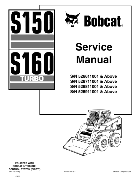 Comprehensive service manual for Bobcat S150 and S160 Turbo SkidSteer Loaders, covering repair and maintenance guidelines