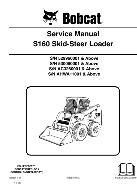 Service repair manual for Bobcat S160 Skid Steer Loader, detailing maintenance and troubleshooting procedures