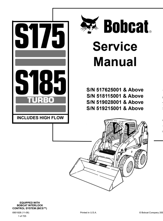Detailed service repair manual for Bobcat S175 and S185 Turbo skid-steer loaders, focusing on maintenance and repair techniques