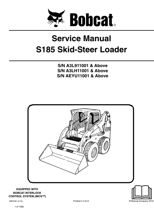 Detailed service repair manual for the Bobcat S185 SkidSteer Loader, covering maintenance and troubleshooting techniques