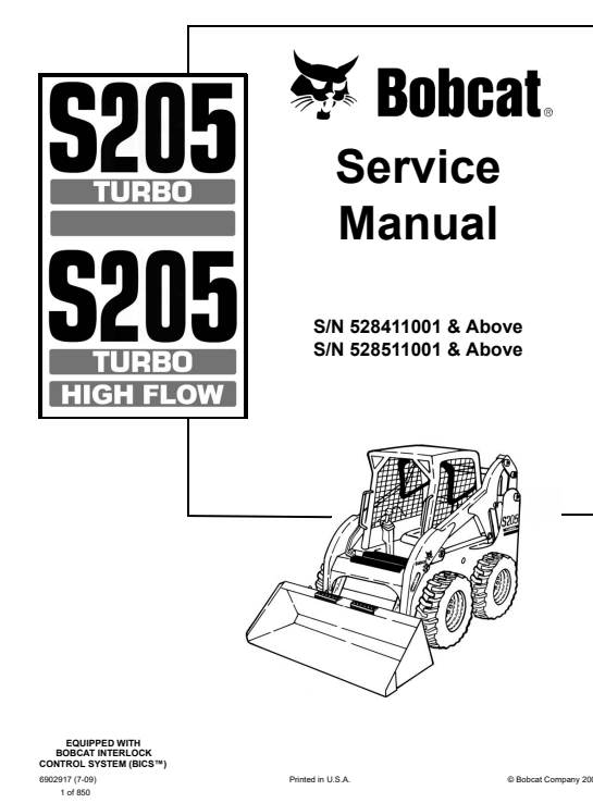Detailed repair manual for Bobcat S205 Skidsteer Loader, covering service procedures and maintenance guidelines.