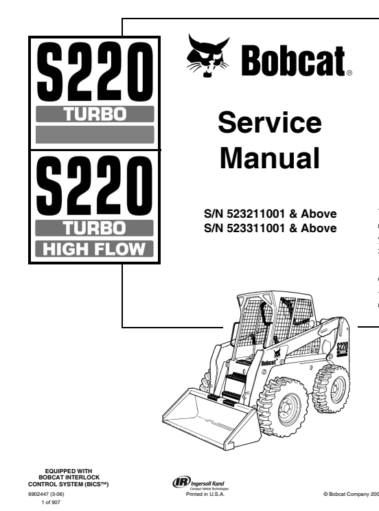 Service repair manual for Bobcat S220 Turbo Skidsteer Loader, detailing maintenance and troubleshooting procedures