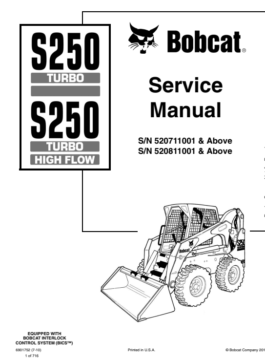 Service repair manual for Bobcat S250 and S300 Turbo skid steer loaders, detailing maintenance and repair procedures.