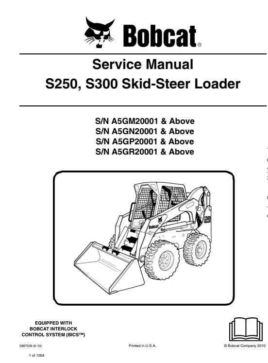 Detailed service and repair manual for Bobcat S250 and S300 Turbo skid steer loaders, focusing on maintenance procedures
