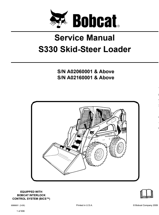 Comprehensive service manual for Bobcat S300 SkidSteer Loader, covering repair and maintenance guidelines.