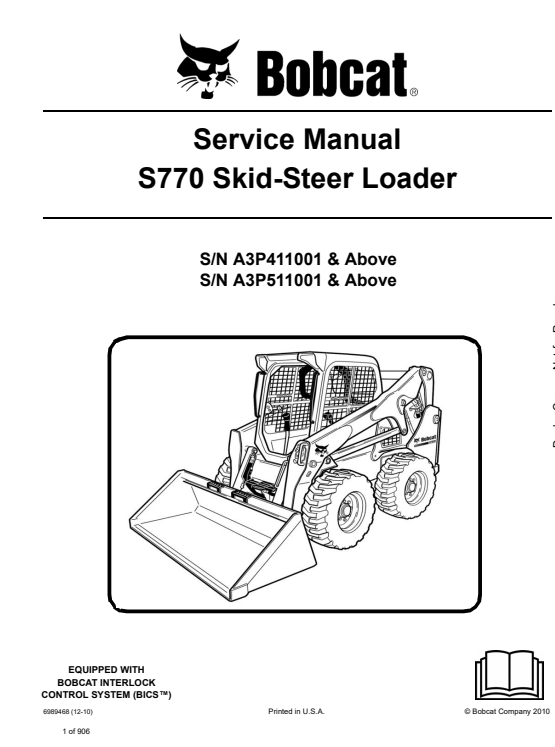 Service repair manual for Bobcat S770 Skid-Steer Loader, detailing maintenance and troubleshooting procedures