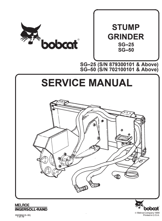 Detailed service repair manual for Bobcat Stump Grinder SG25 and SG50, including troubleshooting and maintenance tips