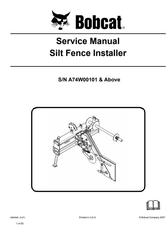 Repair manual for Bobcat silt fence installer service, detailing maintenance and installation procedures
