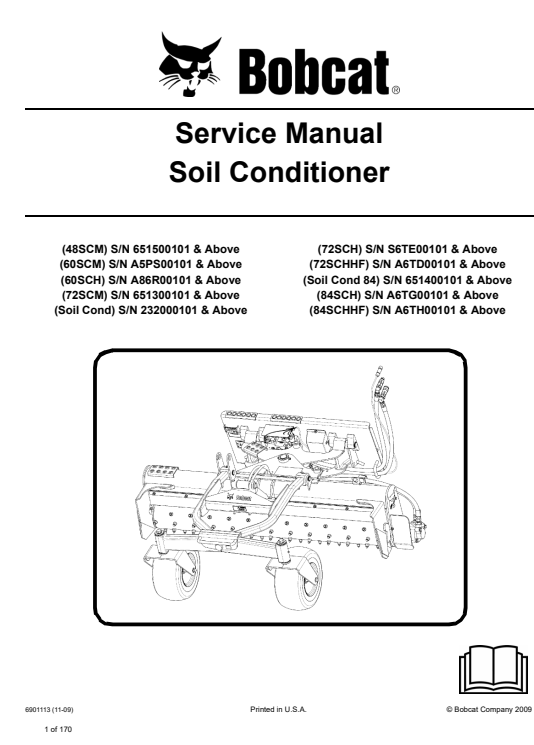 Repair manual for Bobcat Soil Conditioner, detailing service procedures and maintenance guidelines for optimal performance