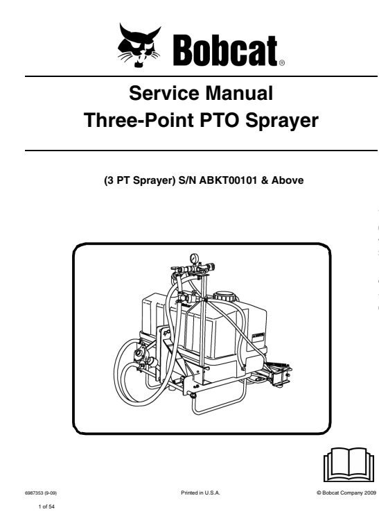Service repair manual for Bobcat Three Point PTO Sprayer, detailing maintenance and troubleshooting procedures