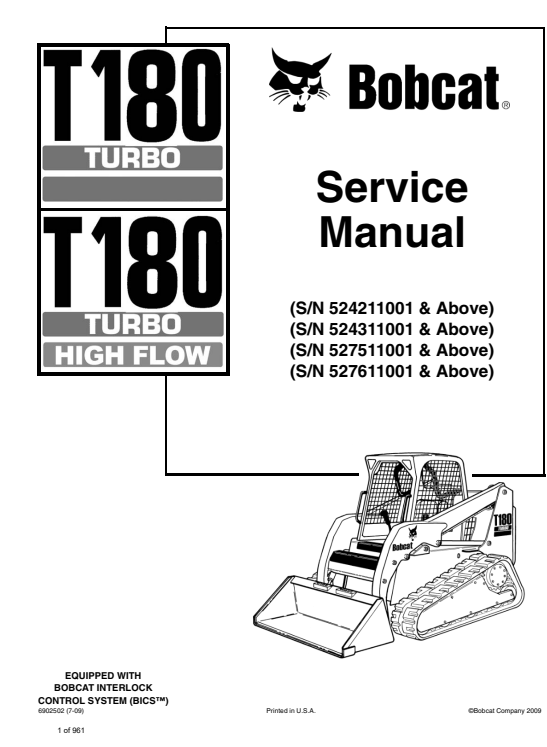 Service repair manual for Bobcat T180 Turbo Compact Track Loader, detailing maintenance and troubleshooting procedures