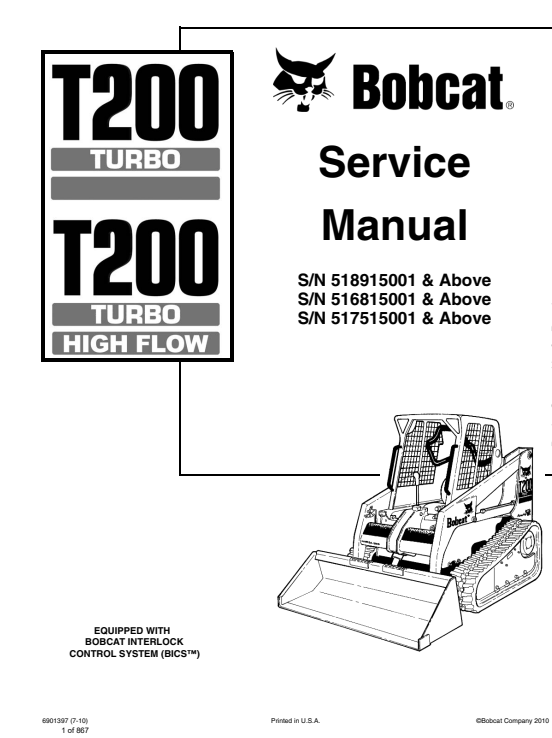 Service repair manual for Bobcat T200 Turbo SkidSteer Loader, detailing maintenance and troubleshooting procedures